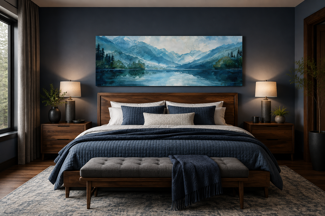 Blue and green panoramic lake landscape canvas art hanging above a bed in a moody bedroom.