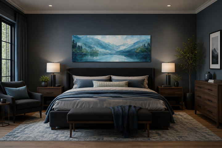 Panoramic blue and green watercolor lake landscape wall art hanging above a bed in a moody bedroom.