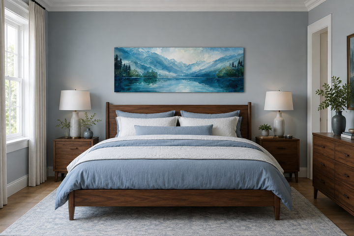 Panoramic blue and green watercolor lake landscape canvas art hanging above a wooden bed frame.