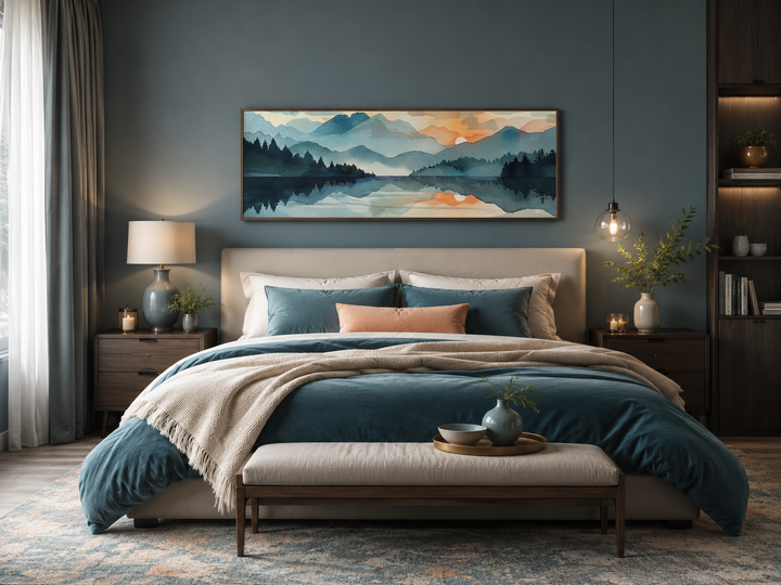 Long horizontal watercolor canvas of a mountain lake sunset hanging above a bed in a blue bedroom.