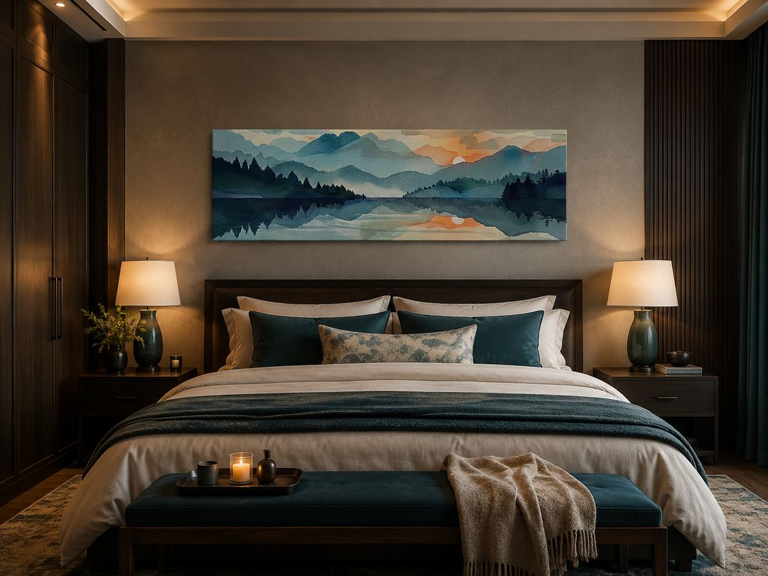 Long horizontal watercolor mountain lake sunset canvas wall art hanging above a dark wood bed.