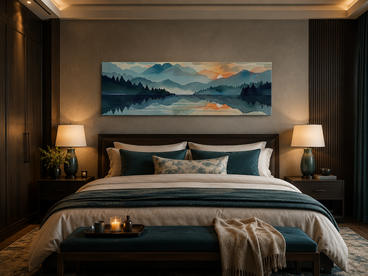Long horizontal watercolor mountain lake sunset canvas wall art hanging above a dark wood bed.