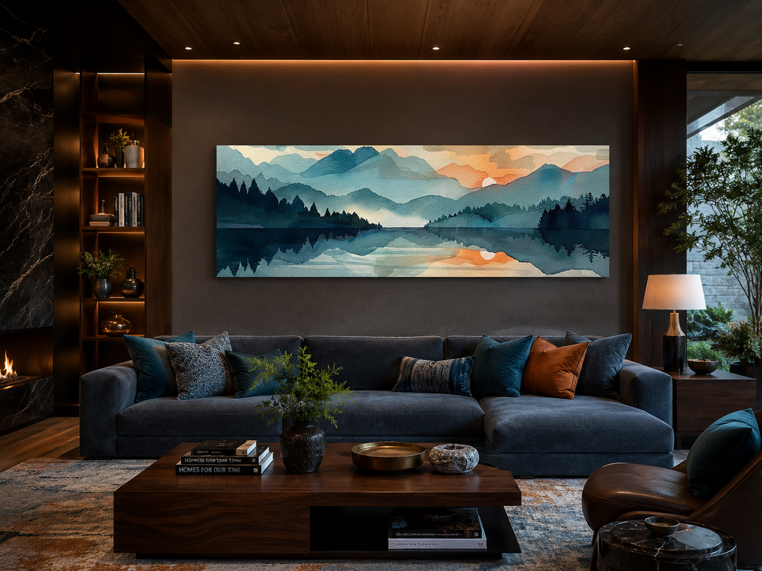 Long horizontal watercolor mountain lake sunset canvas wall art hanging above a dark blue sofa.