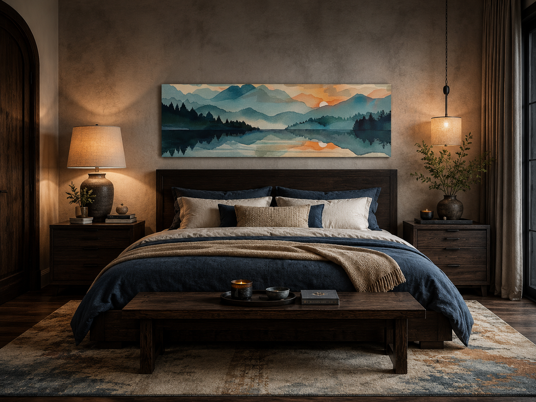 Long horizontal watercolor canvas of a mountain lake sunset hanging above a dark wood bed.
