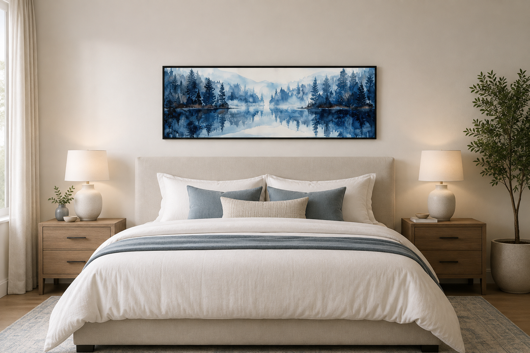 Navy blue lake landscape watercolor painting in a black frame hanging above a bed.