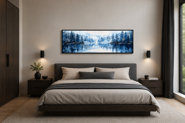 Navy blue lake long narrow horizontal landscape watercolor painting above a bed in a modern room.