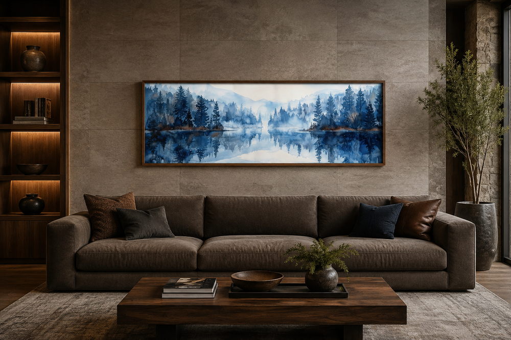 Navy blue watercolor lake landscape painting in a wood frame above a brown sofa in a modern room.