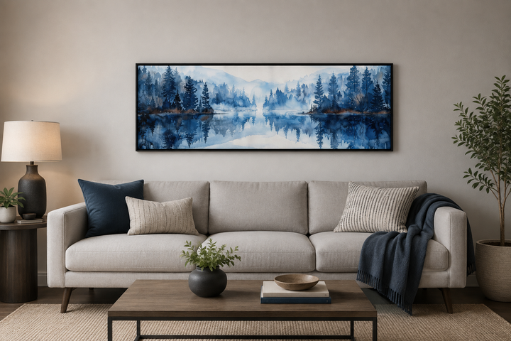 Navy blue lake long narrow horizontal landscape watercolor painting above a beige couch.