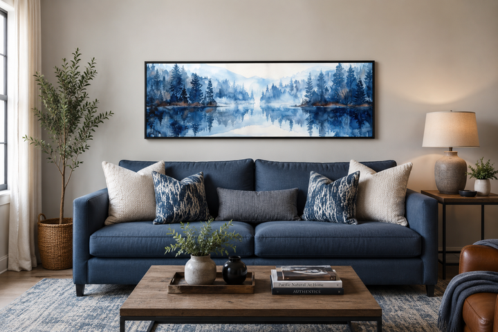 Navy blue lake watercolor landscape wall art in a black frame hanging above a blue sofa.
