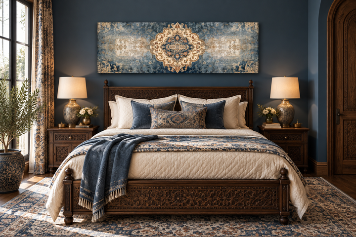 Long horizontal blue and beige Persian rug canvas wall art print hanging above a wooden bed.