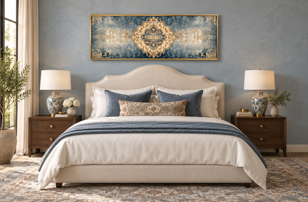 Long horizontal blue and beige Persian rug canvas wall art print hanging above a bed.