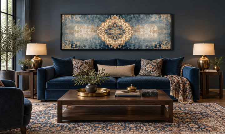 Long horizontal blue and beige Persian rug canvas wall art print above a navy blue velvet sofa.