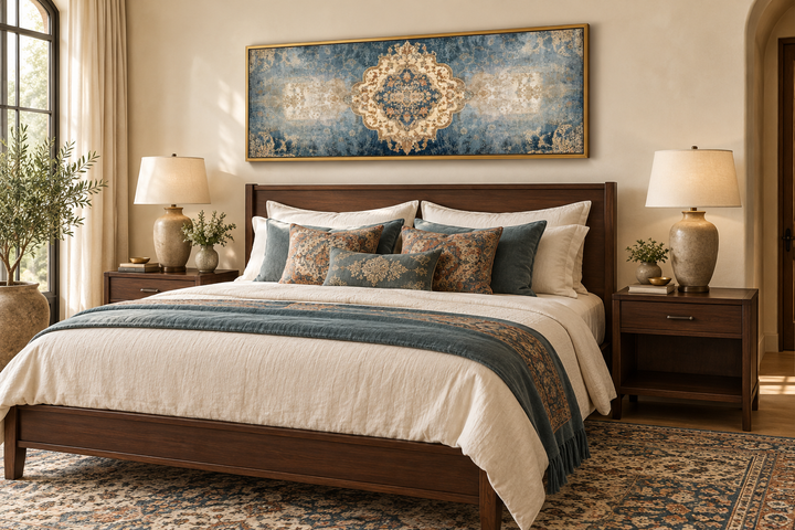 Long horizontal blue and beige Persian rug canvas wall art print hanging above a dark wood bed.