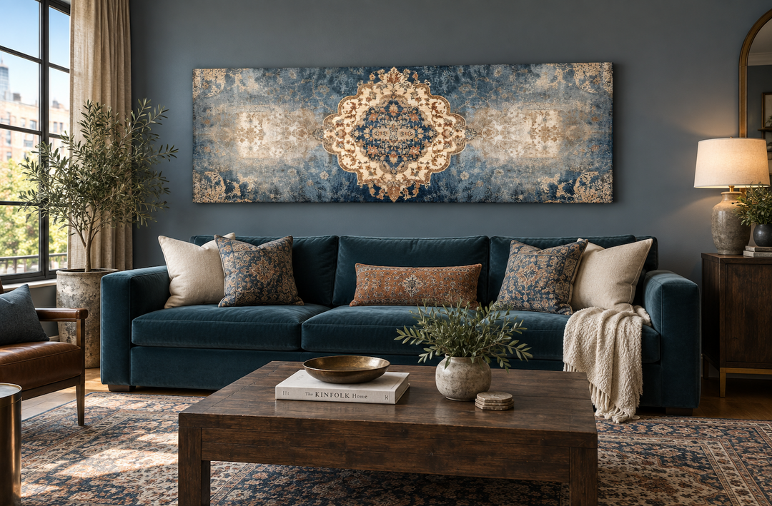 Long horizontal blue and beige Persian rug canvas wall art print hanging above a blue velvet sofa.