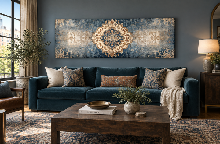 Long horizontal blue and beige Persian rug canvas wall art print hanging above a blue velvet sofa.