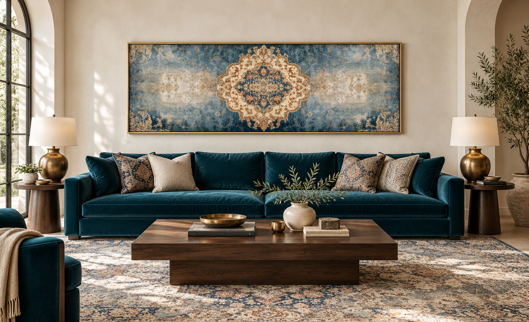 Long horizontal blue and beige Persian rug canvas wall art print hanging above a teal velvet sofa.