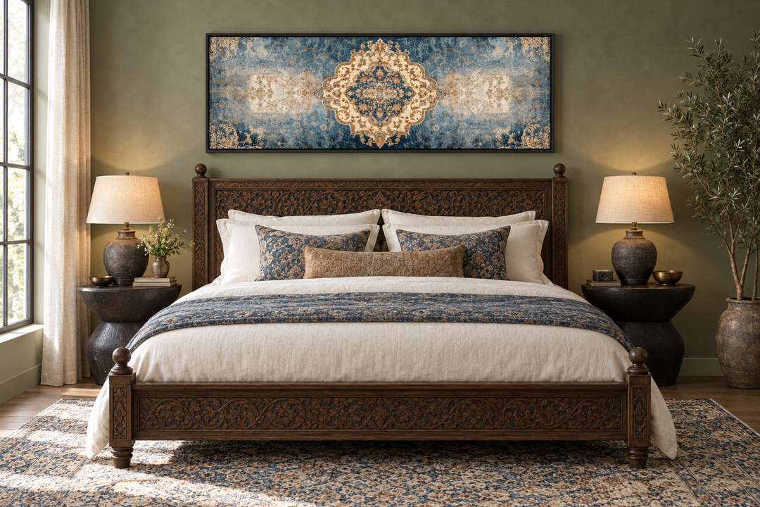 Long horizontal blue and beige Persian rug canvas wall art print hanging above a carved wooden bed.