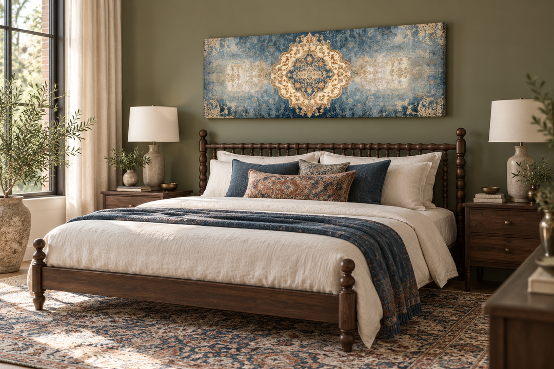 Long horizontal blue and beige Persian rug canvas wall art print hanging above a wooden bed.