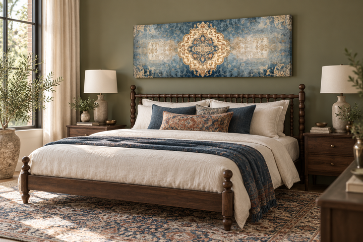 Long horizontal blue and beige Persian rug canvas wall art print hanging above a wooden bed.