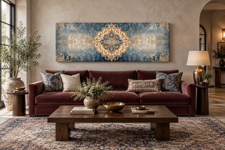 Long horizontal blue and beige Persian rug canvas wall art print above a burgundy sofa.