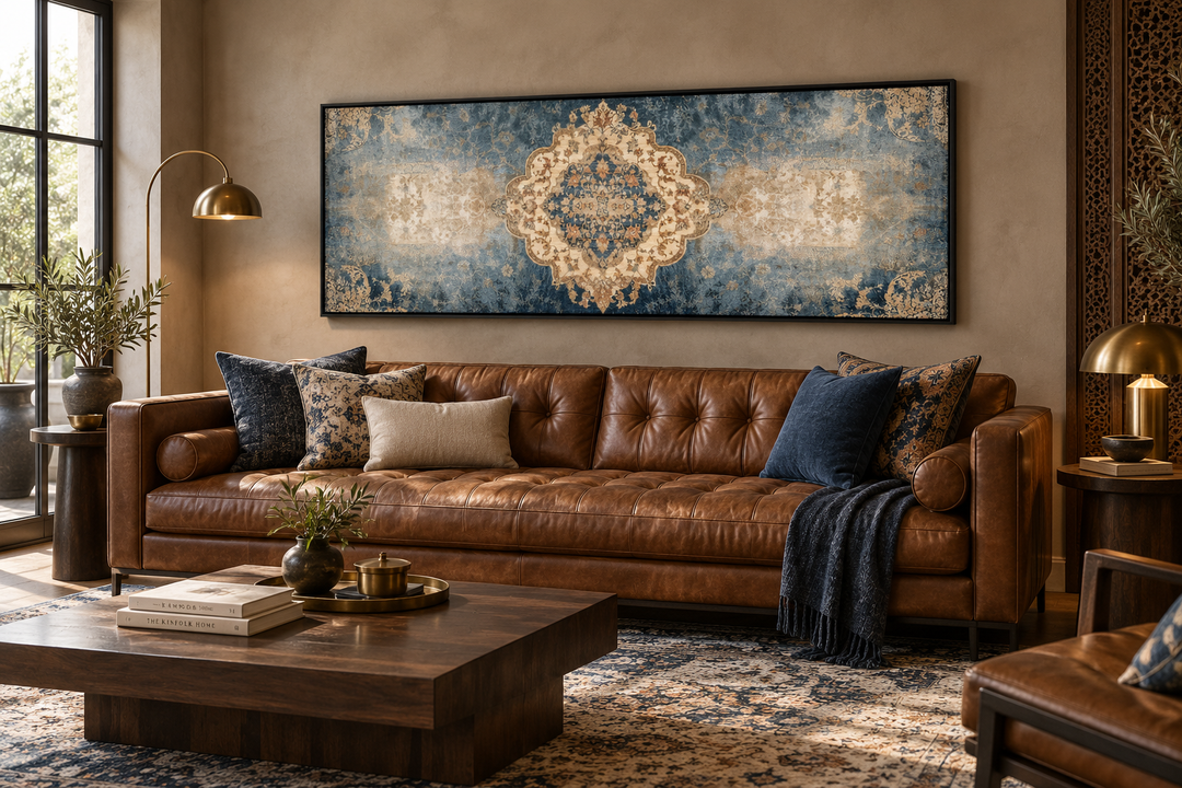 Long horizontal blue and beige Persian rug canvas wall art print above a brown leather sofa.