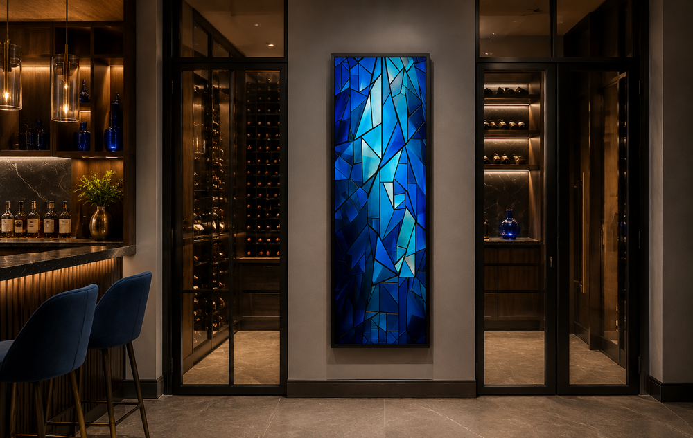 Long narrow vertical framed canvas wall art with a navy blue kaleidoscope mosaic abstract design.
