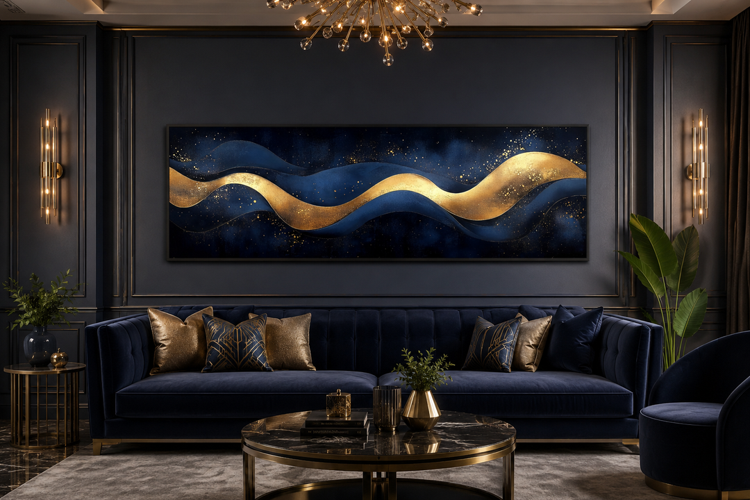 Navy blue and gold abstract canvas wall art with fluid waves above a velvet sofa in a modern room.