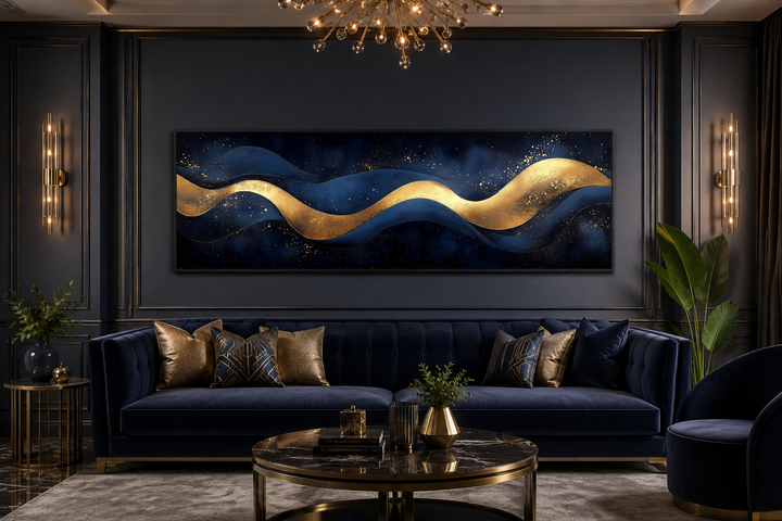 Navy blue and gold abstract canvas wall art with fluid waves above a velvet sofa in a modern room.