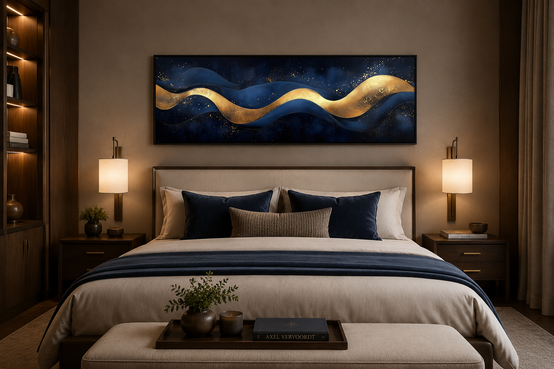 Modern abstract canvas wall art with fluid gold waves on a navy blue background above a bed.