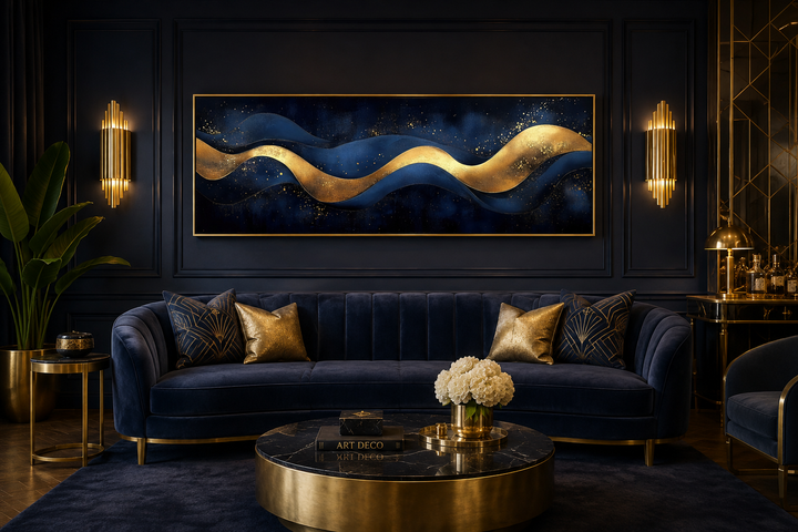 Navy blue and gold abstract canvas wall art with fluid waves above a velvet sofa in a modern room.