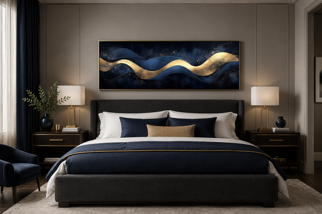 Modern abstract canvas wall art with navy blue and gold waves above a bed in a bedroom.