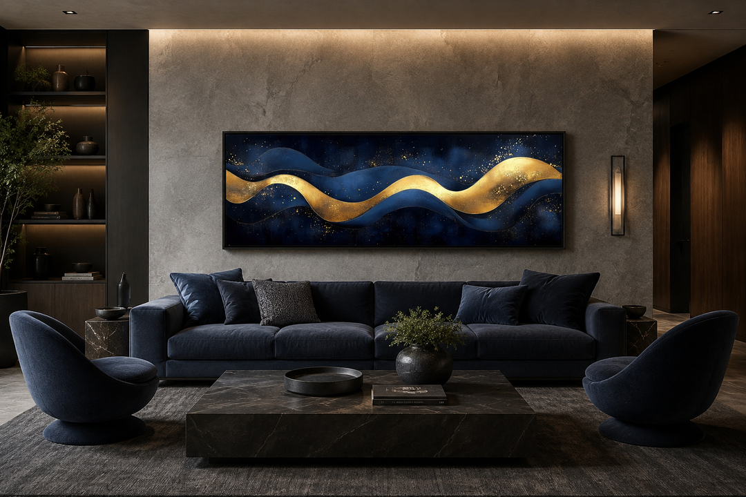 Modern abstract canvas wall art with fluid gold waves on a deep navy blue background.