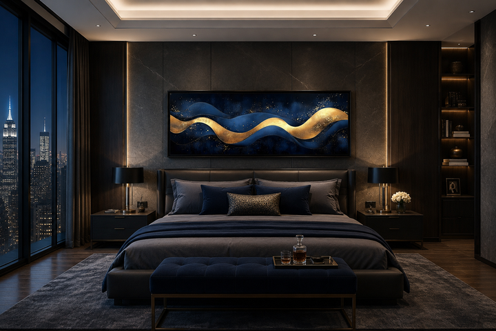 Navy blue and gold abstract canvas wall art with fluid waves above a bed in a modern bedroom.