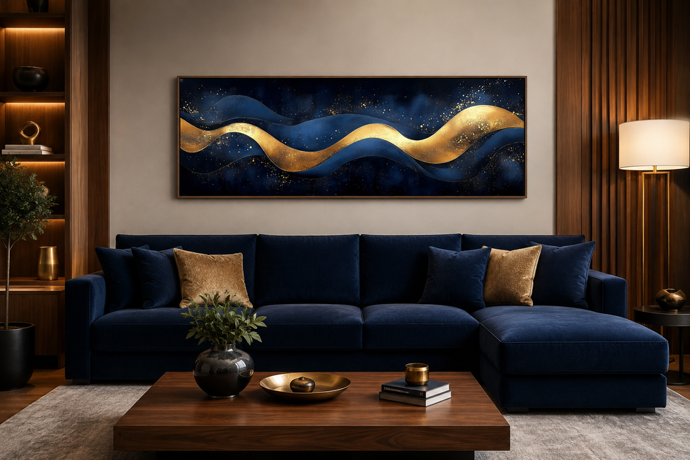 Navy blue and gold abstract canvas wall art with fluid waves above a navy velvet sofa.