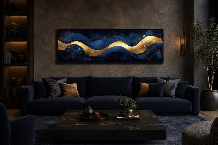 Modern abstract canvas wall art with fluid gold waves on a deep navy blue background.
