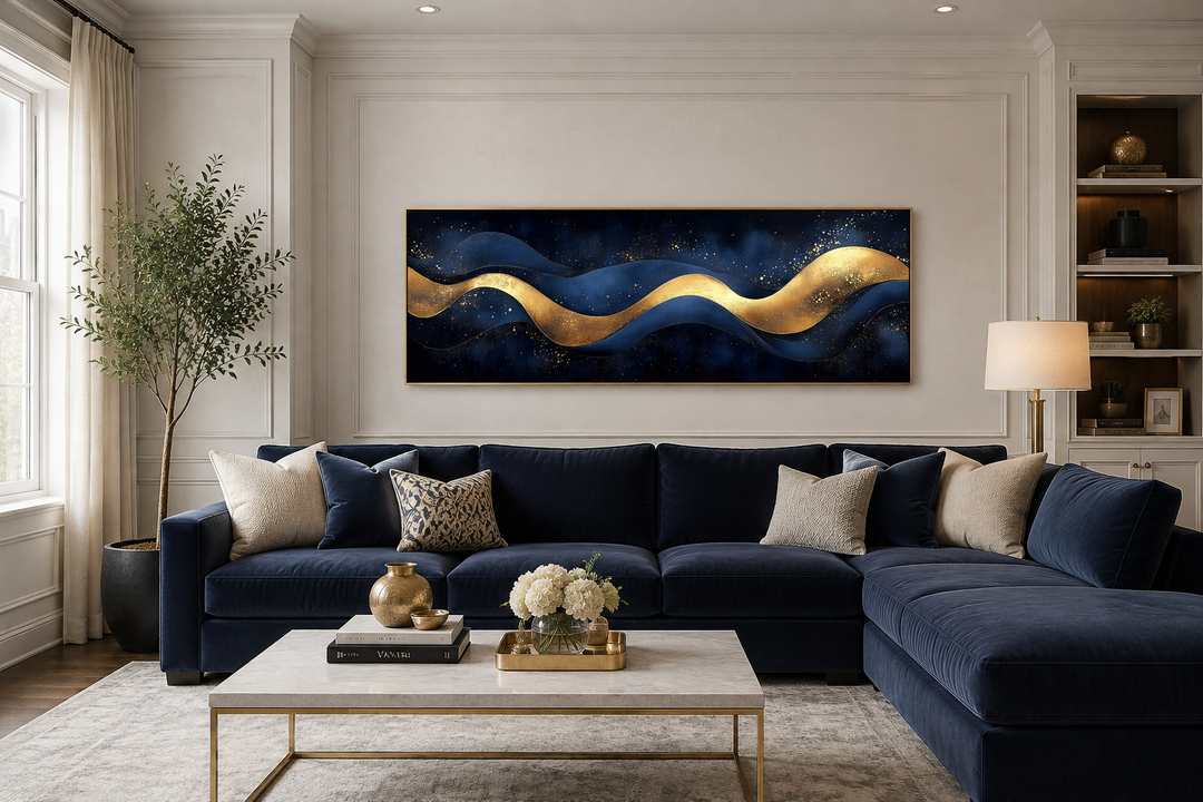 Navy blue and gold modern abstract canvas wall art featuring fluid waves above a navy sofa.