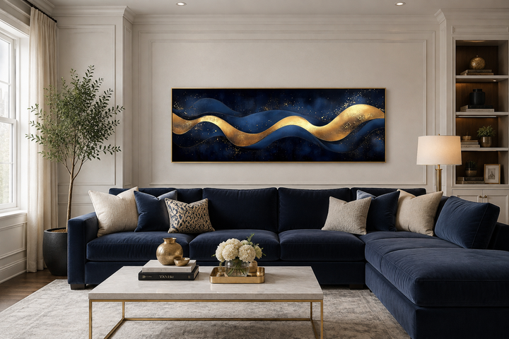 Navy blue and gold modern abstract canvas wall art featuring fluid waves above a navy sofa.