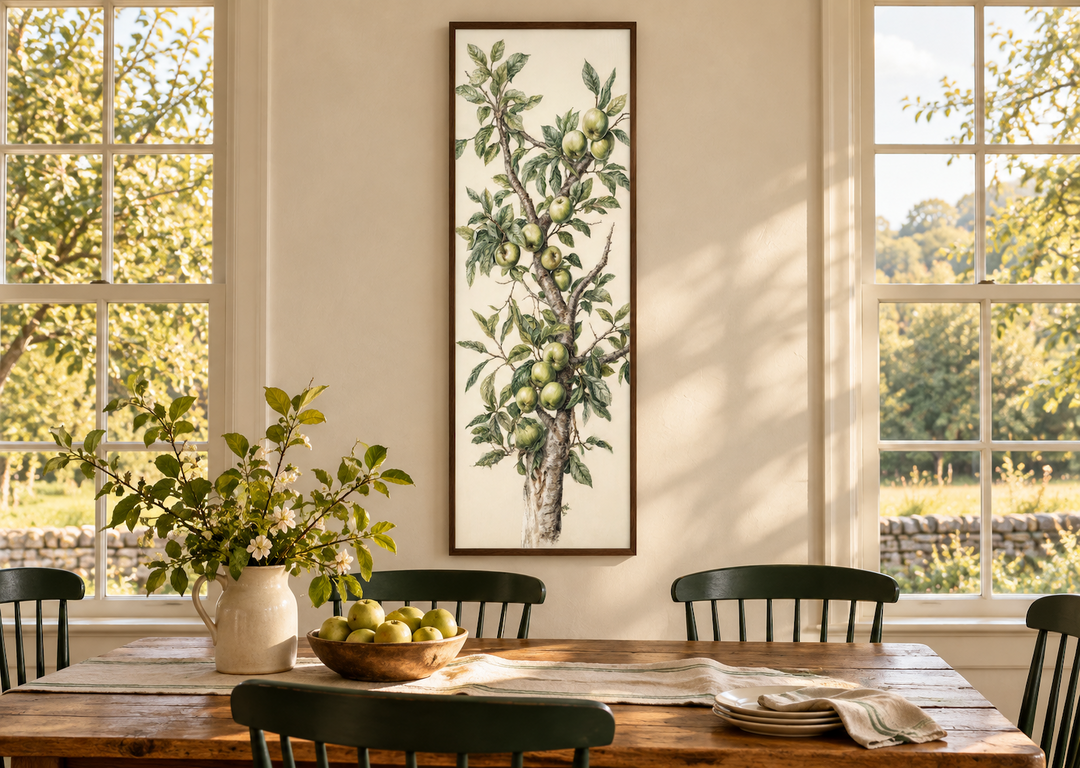 Long vertical framed canvas wall art featuring a botanical apple tree branch in a dining room.
