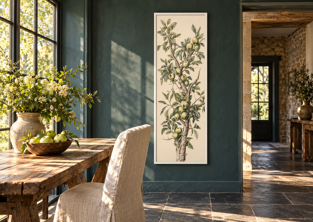 Long vertical framed canvas wall art featuring a botanical apple tree branch with green fruit.