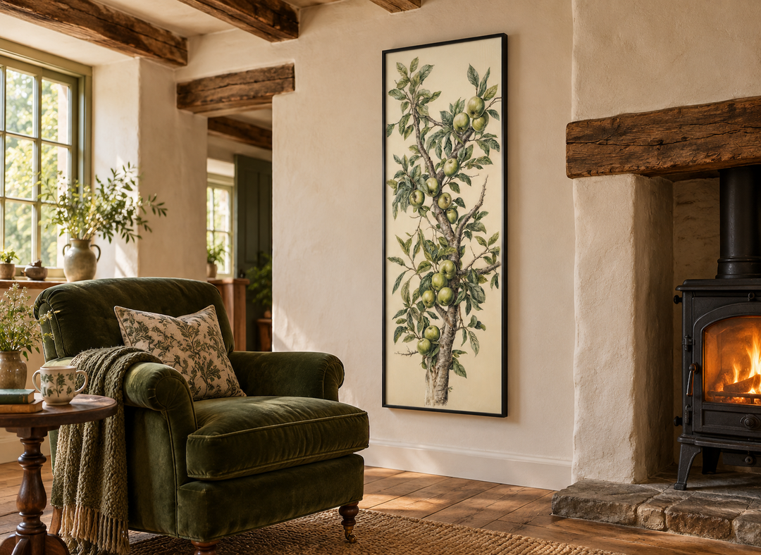 Long vertical framed canvas wall art featuring a botanical apple tree branch in a cozy living room.