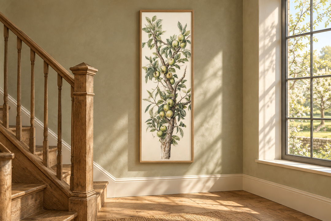 Long vertical framed canvas wall art featuring a botanical apple tree branch with green fruit.