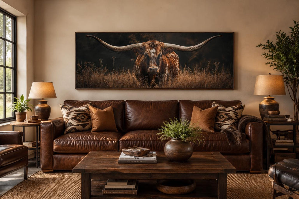 Longhorn bull canvas wall art with sweeping horns hanging above a brown leather sofa.