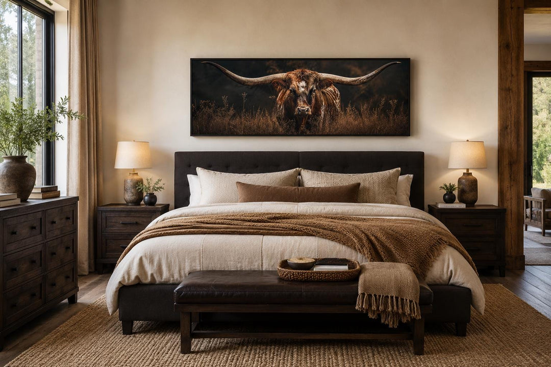 Longhorn Bull wall art with sweeping horns in golden grass above a bed in a rustic bedroom.