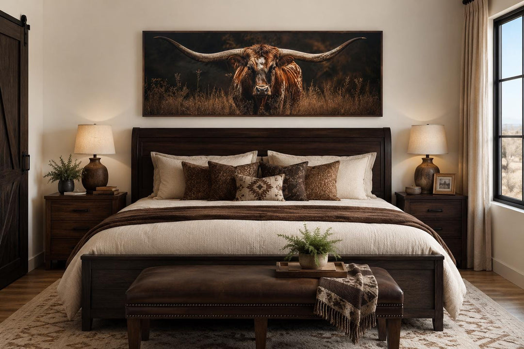 Longhorn Bull wall art with sweeping horns in golden grass above a dark wood bed in a rustic room.