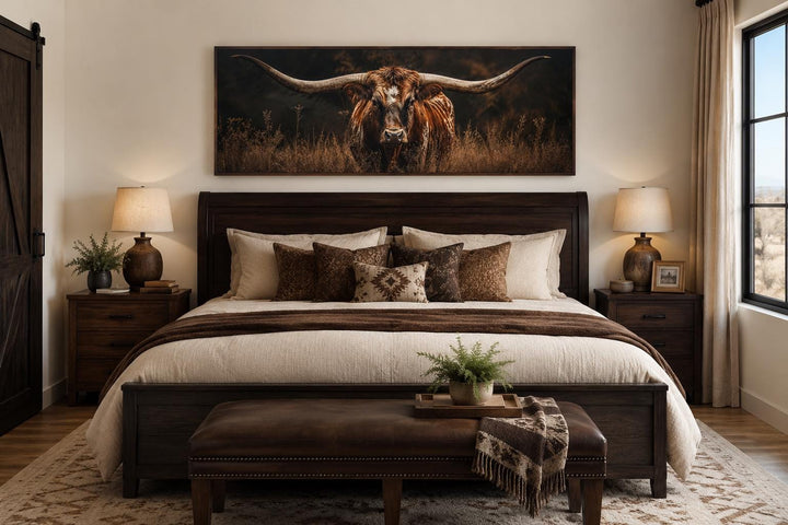 Longhorn Bull wall art with sweeping horns in golden grass above a dark wood bed in a rustic room.