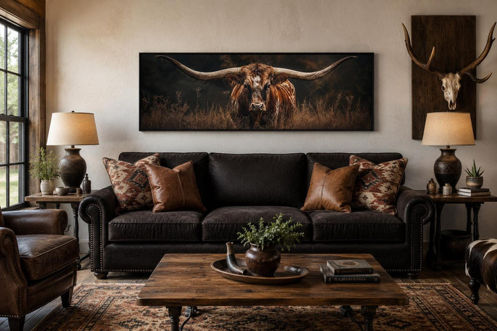 Longhorn bull canvas wall art hanging above a dark leather sofa in a rustic western living room.
