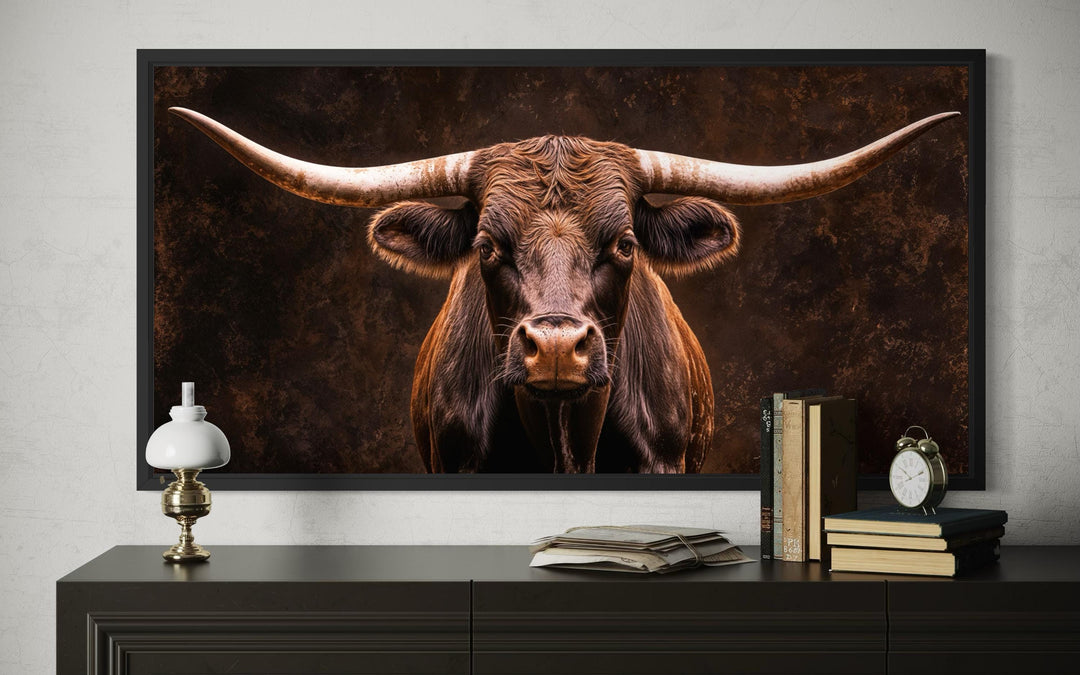 Extra large framed canvas print of a longhorn bull in a rustic farmhouse setting.