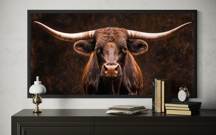 Extra large framed canvas print of a longhorn bull in a rustic farmhouse setting.