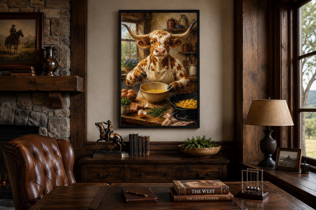 Longhorn cow chef cooking eggs in a rustic farmhouse kitchen wall art in a cozy office setting.