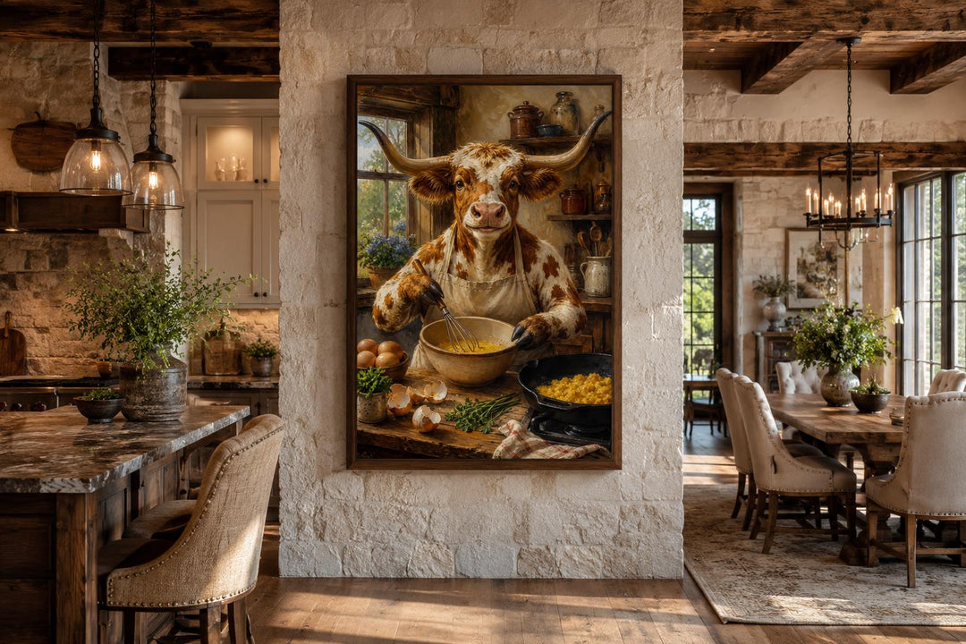 Longhorn cow chef cooking eggs canvas wall art in a rustic stone farmhouse kitchen setting.